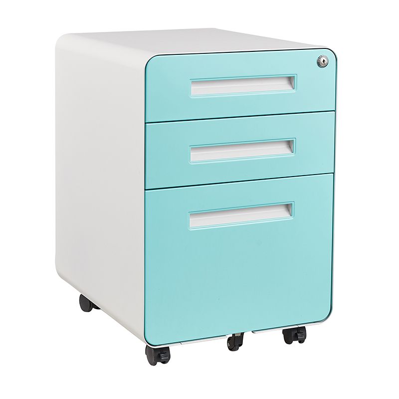 圓弧藍色麵板白扣手活動櫃